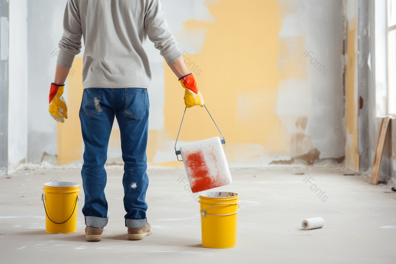 工作中的装修工人拿水桶刷子背影特写,高清,摄影图,摄影图片,图片大全,摄影图免费下载